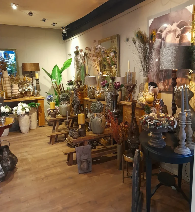 Winkelinterieur met woonaccessoires, lampen en droogbloemen – Bloem en Atelier Floriante