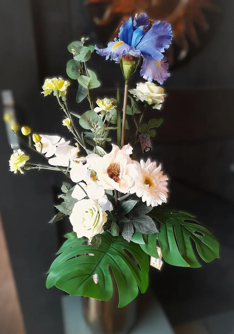 Zijden boeket met iris en witte gerbera's – Bloem en Atelier Floriante
