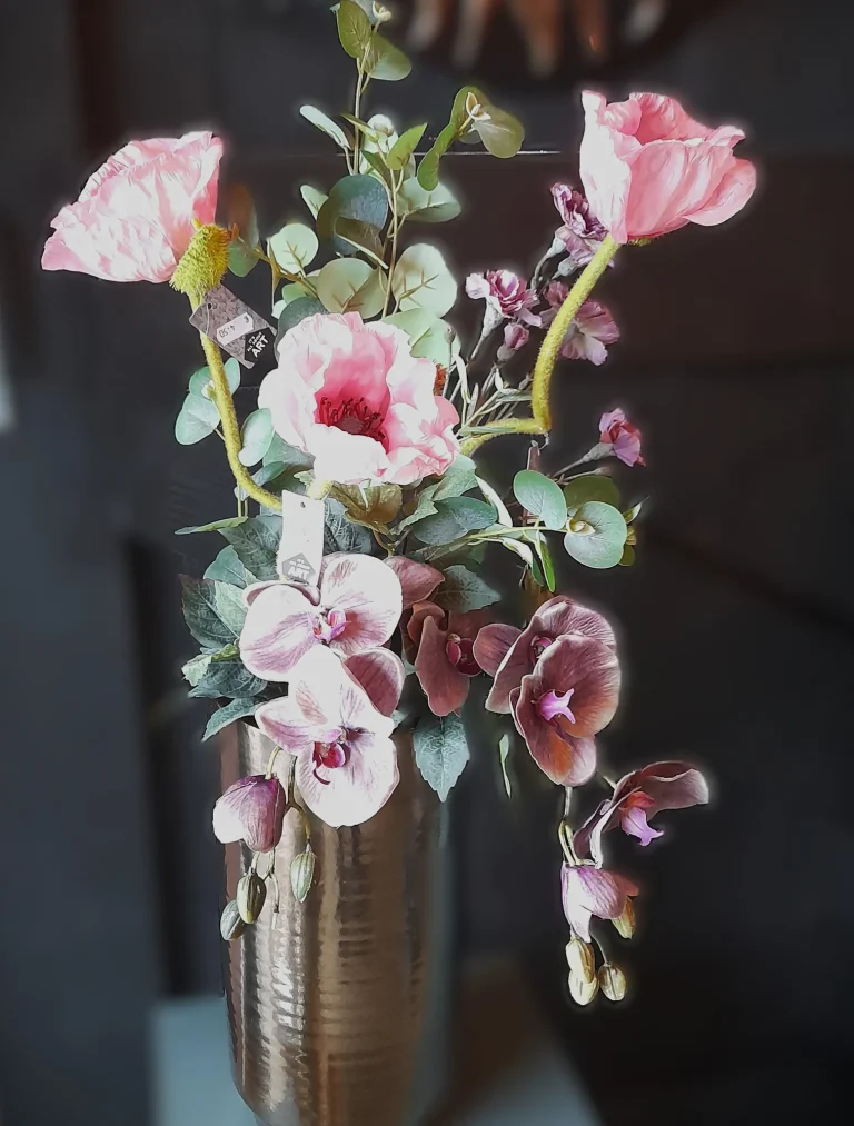 Zijden boeket met roze tulpen en orchideeën – Bloem en Atelier Floriante